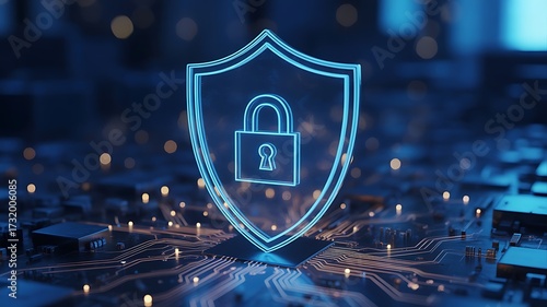 Glowing shield padlock circuit board digital security
