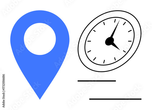 Blue location pin and simple clock with sleek lines represent punctuality, navigation, planning, and modern schedules. Ideal for time tracking, logistics, appointments, travel, event management