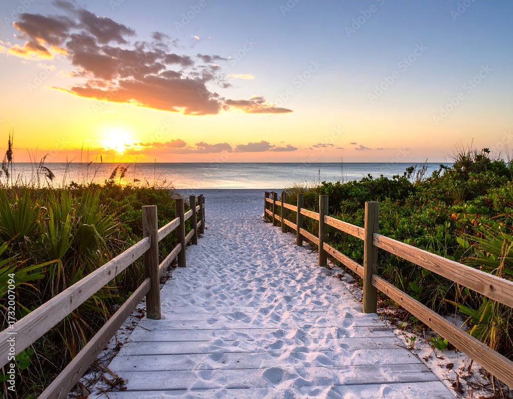 Obraz premium Beach walkway at sunset