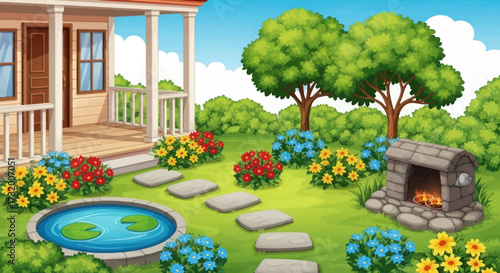 A vibrant cartoon illustration of a beautiful home garden with a pond stone path and outdoor fireplace.