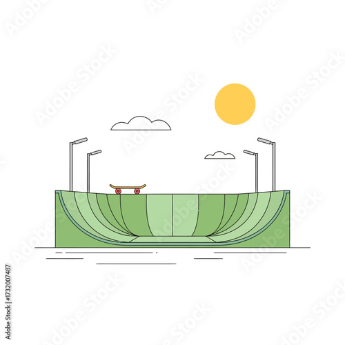 Stylized Skateboard Park Illustration with Ramp Clouds and Sun Creating a Minimalist Scene for Creative Projects