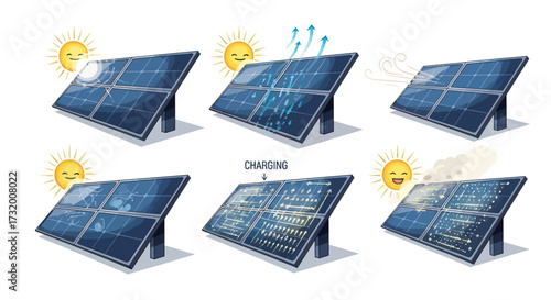 Six solar panels illustrating energy generation and charging process.