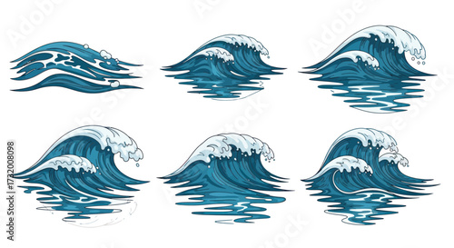 Set of six stylized ocean waves with white foam crests and water reflections.