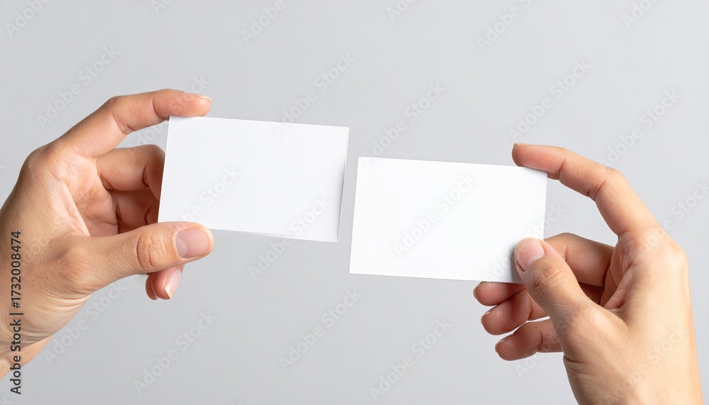 Obraz premium Two blank business cards held by hands against a gray background