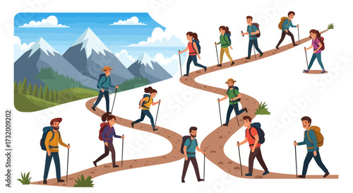 Group of Hikers Trekking on a Winding Mountain Trail with Backpacks and Hiking Poles.