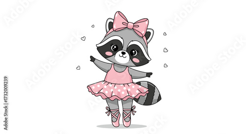A cute cartoon raccoon dressed as a ballerina in a pink tutu and ballet shoes.
