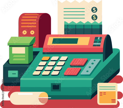 Modern cash register with barcode scanner and receipt illustration