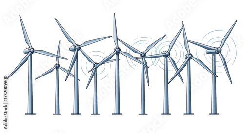 Line of Wind Turbines Generating Clean Energy Illustration.