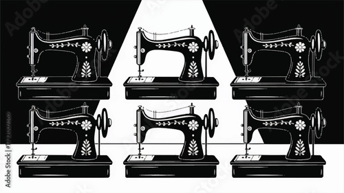 A black and white illustration of six vintage sewing machines arranged in two rows of three 
