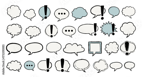 Collection of hand-drawn speech bubbles and thought clouds with punctuation marks.