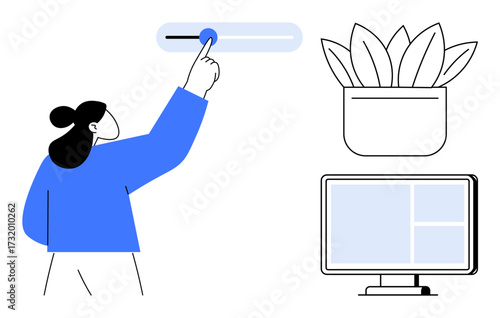 Woman adjusting a slider, monitor with a split screen, and potted plant. Ideal for creativity, productivity, teamwork, focus, remote work decision-making UI concept. Simple flat metaphor