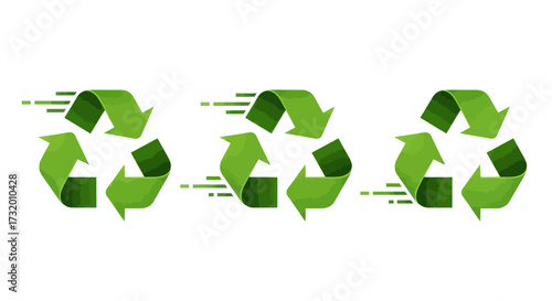 Three Green Recycling Symbols with Motion Trails on White Background.