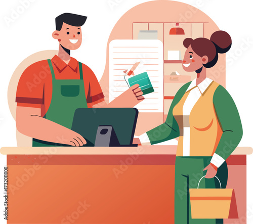 Friendly cashier scanning groceries at a modern checkout counter