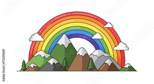 Colorful Rainbow Over Snow-Capped Mountains with Clouds Cartoon Style Illustration.