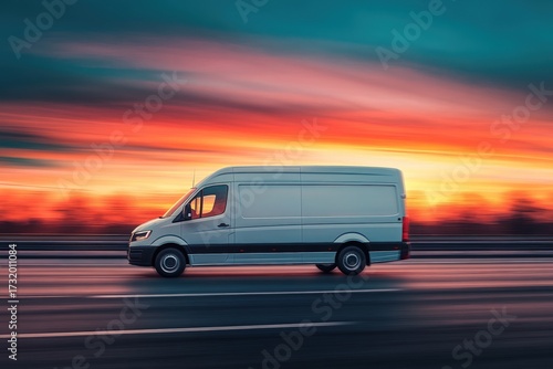 White delivery van speeding down highway with motion blur, vibrant sunset sky backdrop