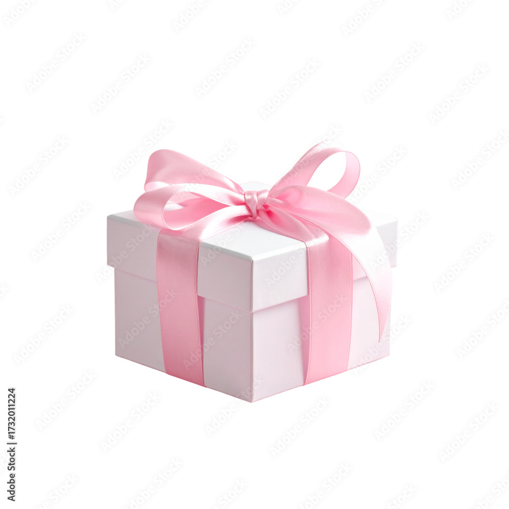 Obraz premium White elegant gift box with baby pink bow, romantic mood, soft studio lights