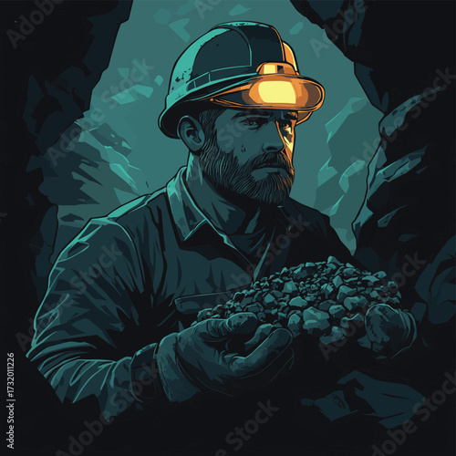 Strong Miner Holding Coal in Dimly Lit Underground Mine Scene , vector style simple color