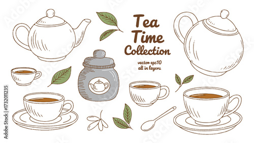 A hand-drawn illustration of tea service items in a sketchy style with brown outlines and white fill 
