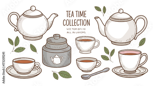 A hand-drawn illustration of tea service items in a sketchy style with brown outlines and white fill 
