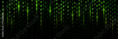 Binary rain background with glimmer and glowing light. Binary code with green light.