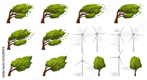 Trees Bending in Wind and Wind Turbines Illustration of Nature and Renewable Energy.