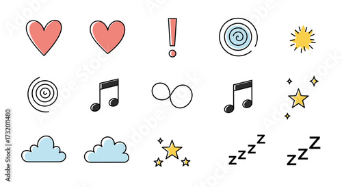 Collection of playful hand-drawn icons representing emotions symbols and abstract shapes.