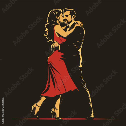 Passionate Couple Engaged in Dramatic Tango Dance Performance , vector style simple color