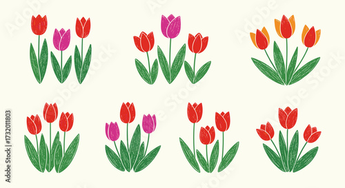 Collection of stylized tulip illustrations with vibrant colors and green leaves.