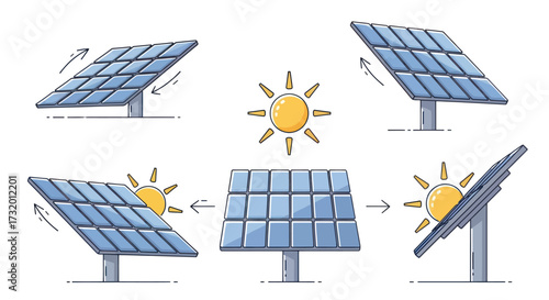 Set of illustrated solar panels showing sun tracking and renewable energy concept.