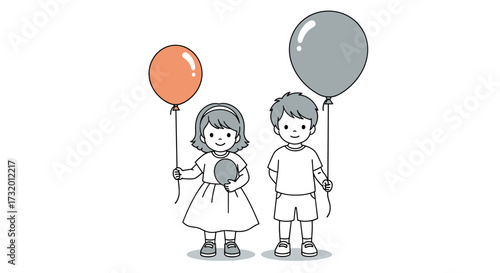 A boy and a girl standing together holding balloons on a white background.