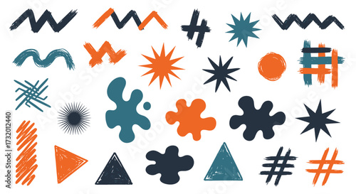 A collection of abstract graphic elements with a distressed texture in various colors and shapes.