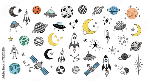 A playful collection of hand-drawn space elements and celestial bodies for creative projects.