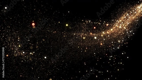 Golden Firework Flying on Black Background Christmas Style Design Element Overlay Screen. Stars Trail Moving Along a Curve with Twinkling Particles Floating. Gold Dust Glowing 3d Animation 4k.