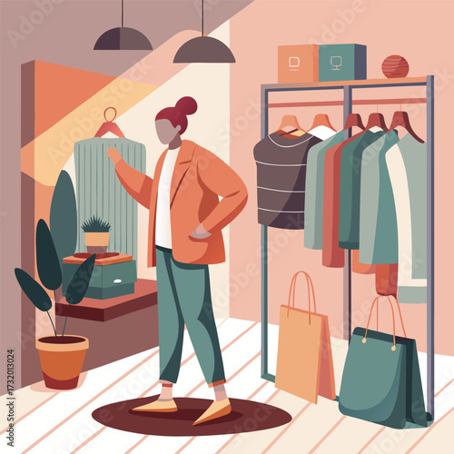 Person trying on clothes in a modern fitting room with mirrors and hangers