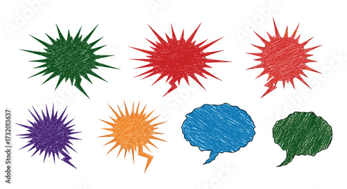 A collection of colorful hand-drawn speech bubbles in various expressive shapes for comic and graphic design.