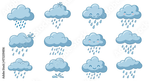 Collection of Cute Cartoon Rain Clouds with Different Expressions.
