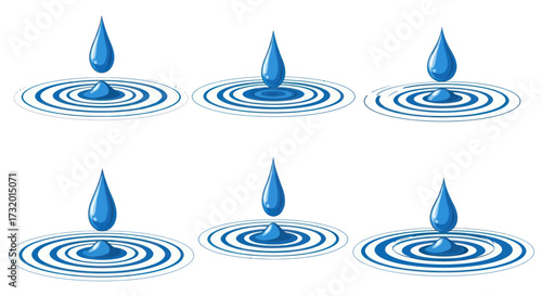 Six Blue Water Droplets Creating Ripples on a Surface.