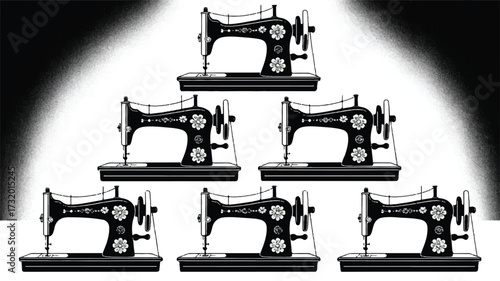 A black and white illustration of six vintage sewing machines arranged in two rows of three ced
