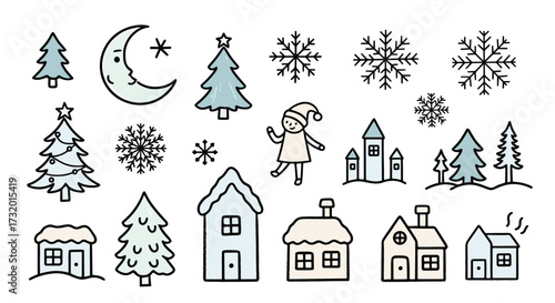 Hand drawn winter holiday elements including trees houses snowflakes and moon.