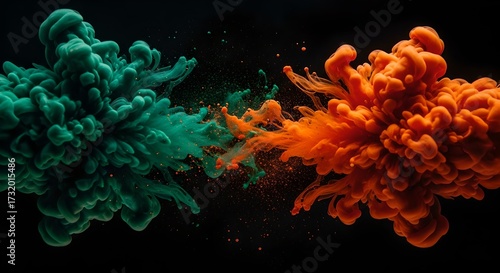 Smoke explosion collision of vibrant orange and teal color dust on a dark background