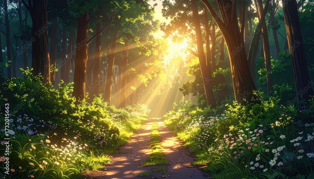 Obraz premium Sunlit path through a lush forest