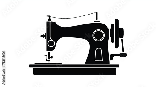 A black silhouette illustration of a vintage sewing machine against a white background 