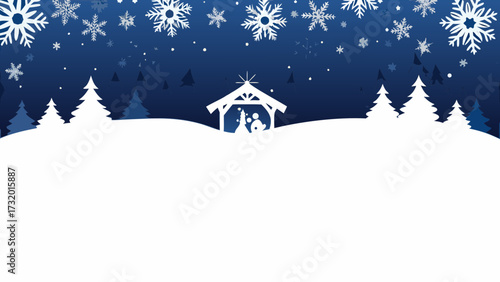 Serene winter nativity scene with falling snowflakes and silhouette Christmas trees creating a peaceful holiday atmosphere for festive greetings