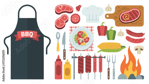 A flat design illustration of a BBQ cooking theme arranged in a collage style 