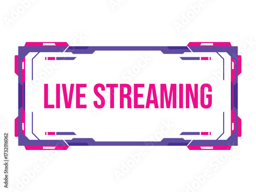 Modern futuristic live streaming overlay frame with vibrant purple and pink accents and bold text
