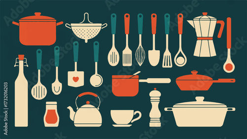 A retro-style illustration of kitchen utensils and cookware arranged in a grid pattern against a dark teal background.