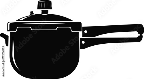 Black and White Pressure Cooker Silhouette Vector for Kitchen Appliance, Cooking Equipment, Food Preparation, Handle Design and White Pressure Cooker Silhouette Vector for Kitchen Appliance.