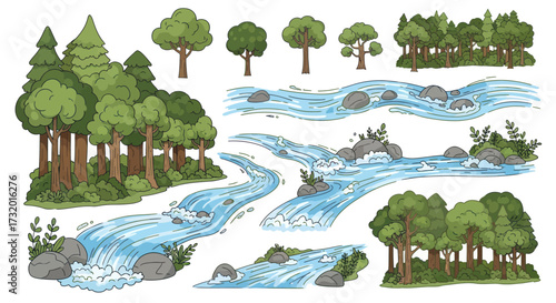 Watercolor River and Forest Illustration Set with Trees and Flowing Water.