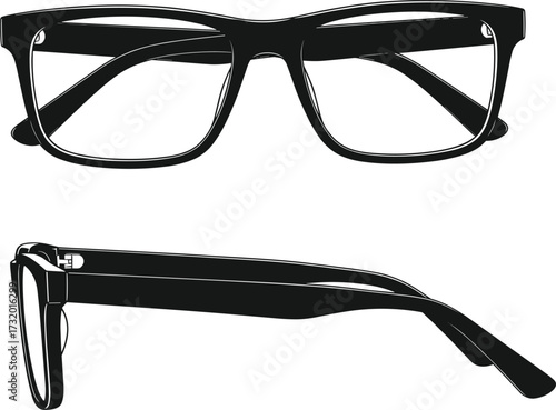 Black rectangular eyeglasses front and side view vector illustration for optical fashion, eyewear design, accessories, vision correction, and branding.