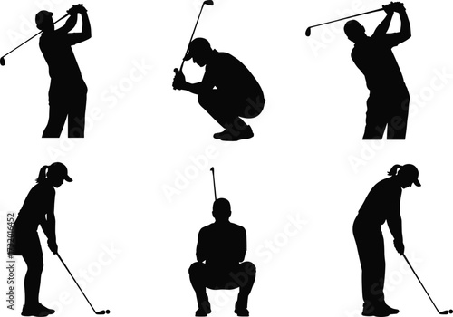 Golf Silhouette Vector Set Featuring Swing, Putting, and Stance Poses for Sports, Fitness, Coaching, and Training Design Projects
